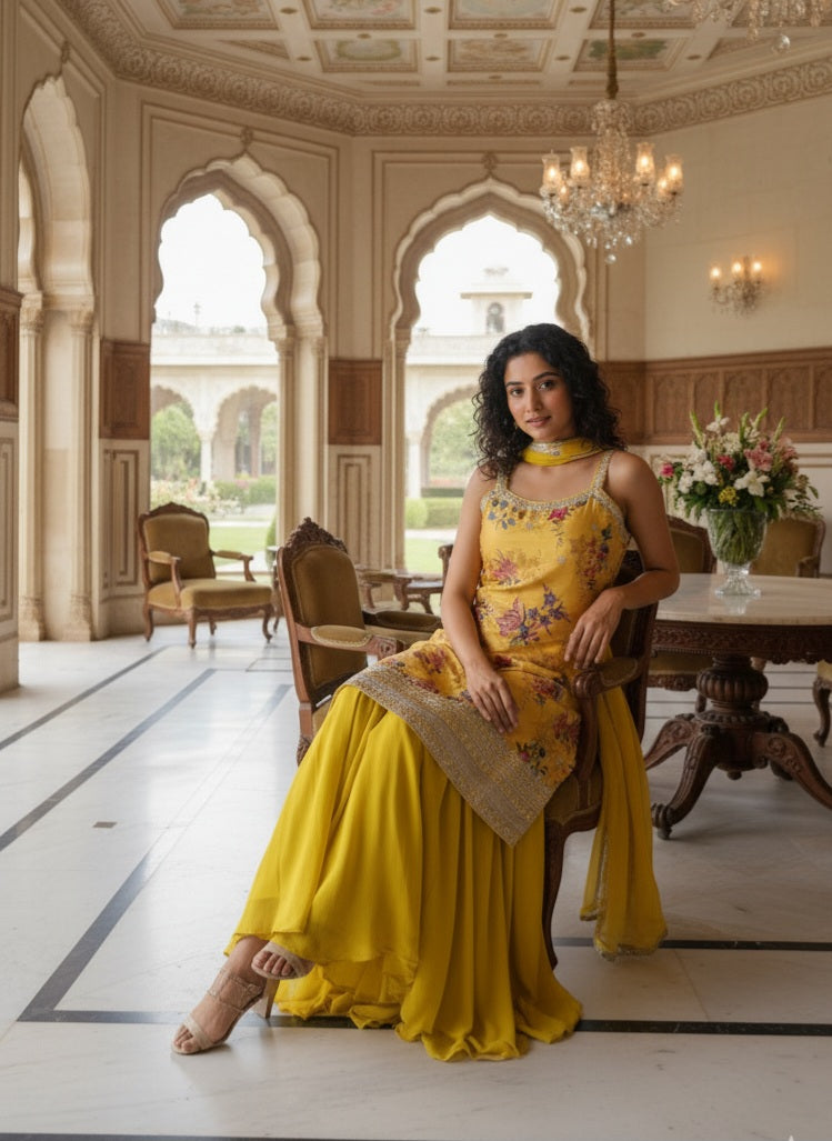 Yellow Floral Embroidered Sharara Set