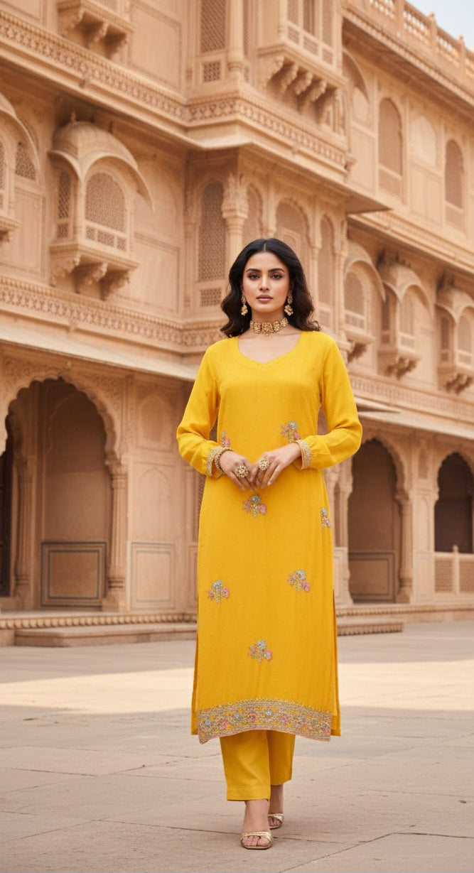 Yellow & Orange Embellished Salwar Suit