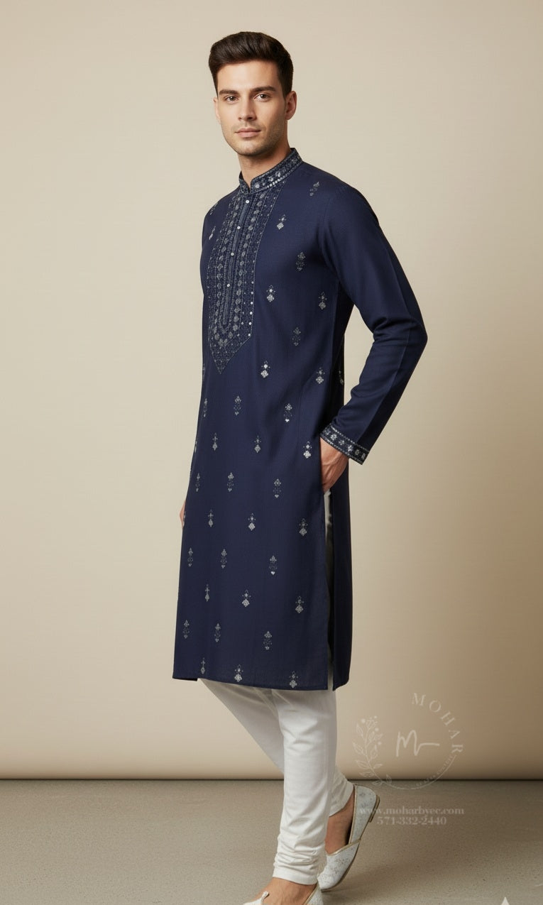 Navy Blue Embroidered Kurta