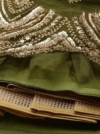 Women Olive Net Embroidered Mirror Lehenga