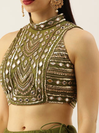 Women Olive Net Embroidered Mirror Lehenga