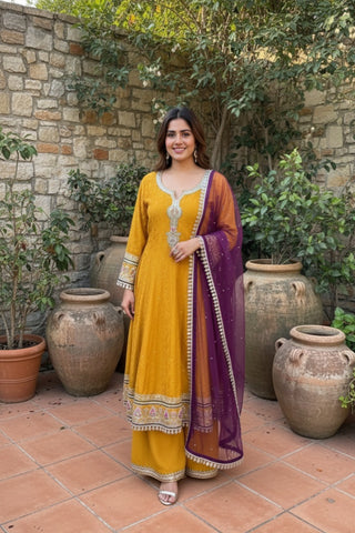 Mustard Yellow Embellished Suit Set with Purple Dupatta