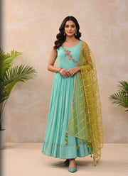 Turquoise Embellished Anarkali Suit with Olive Green Dupatta
