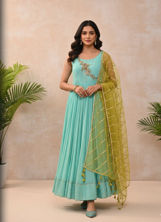 Turquoise Embellished Anarkali Suit with Olive Green Dupatta