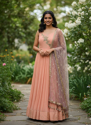 Peach Embellished Anarkali Gown with Net Dupatta