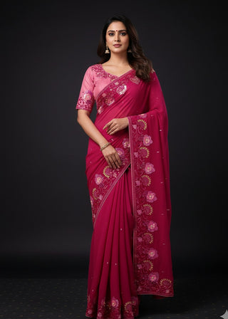 Magenta Embellished Saree - Designer Floral Work