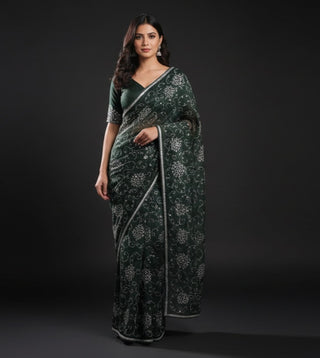 Dark Green Embellished Saree - Elegant Designer Wear