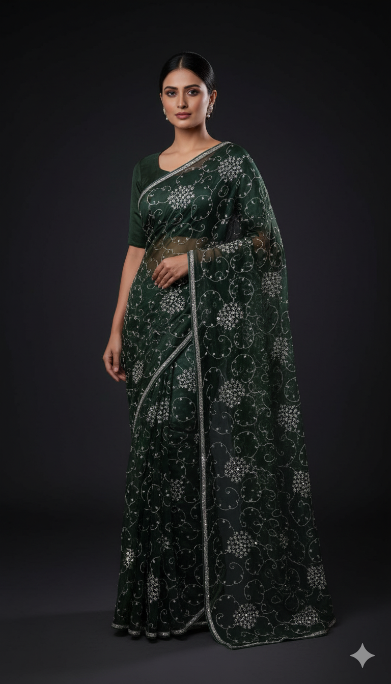 Dark Green Embellished Saree - Elegant Designer Wear
