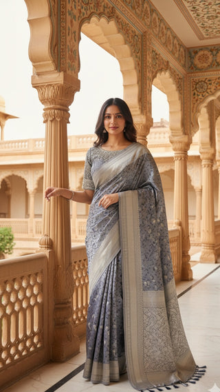 Grey Embellished Silk Saree