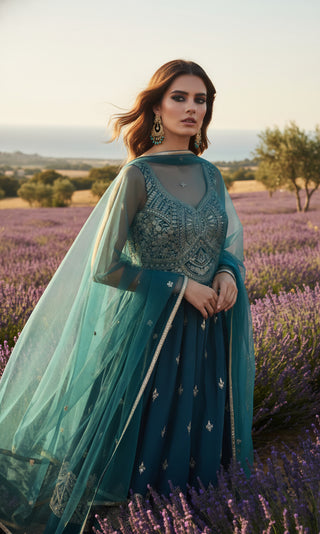 Regal Embroidered Silk Lehenga - Purple, Green & Teal Collection