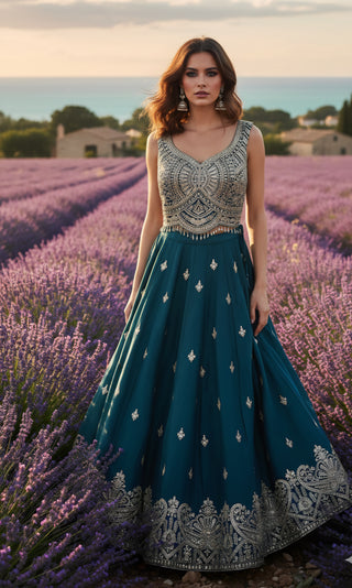 Regal Embroidered Silk Lehenga - Purple, Green & Teal Collection