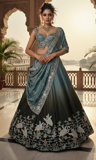 Teal Blue & Black Embroidered Bridal Lehenga Set