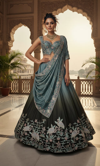 Teal Blue & Black Embroidered Bridal Lehenga Set