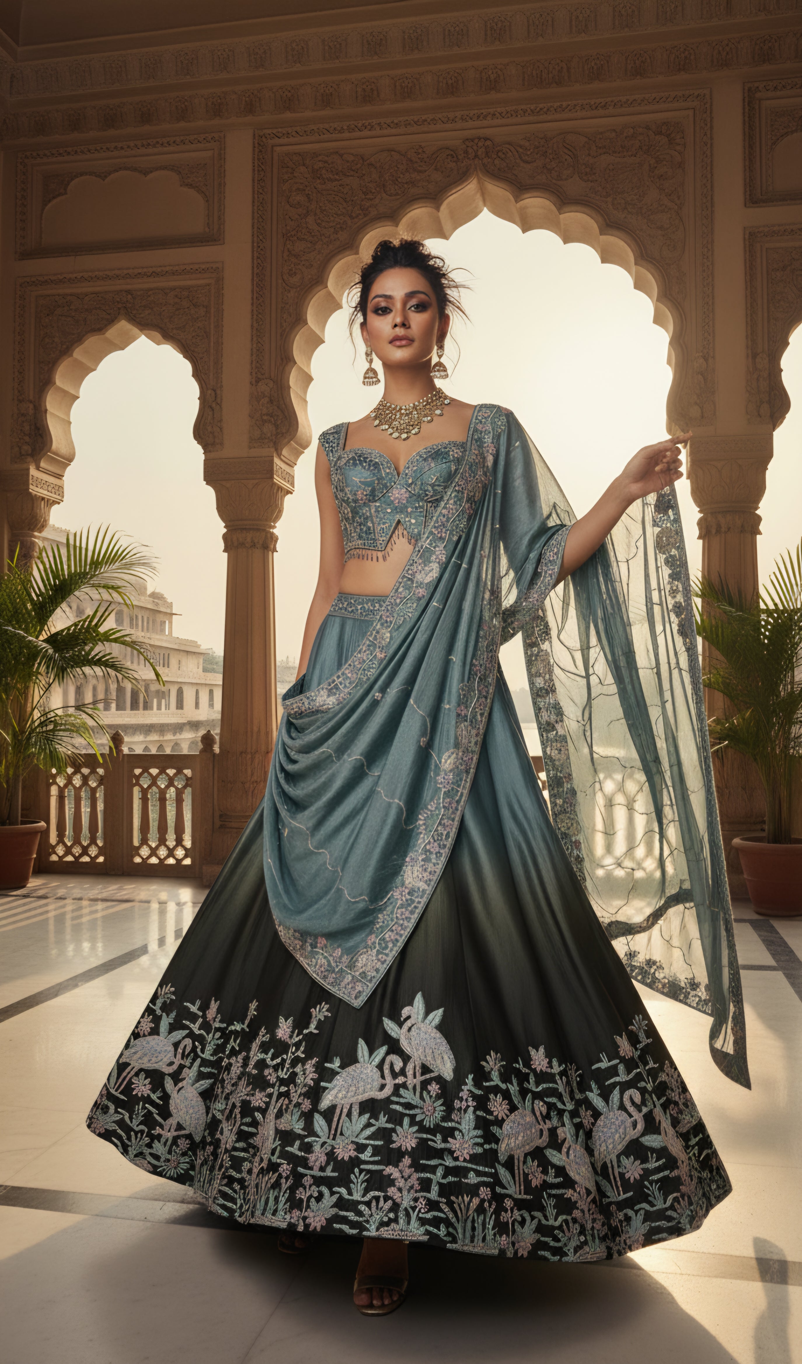 Teal Blue & Black Embroidered Bridal Lehenga Set