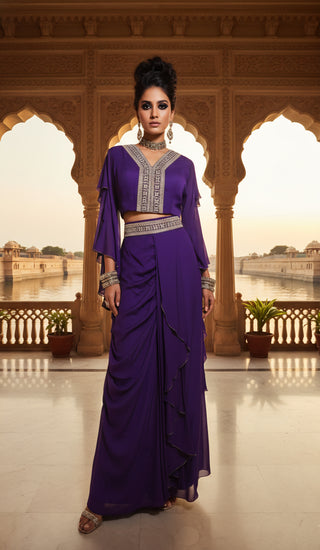 Royal Purple Embellished Indo-Western Crop Top & Draped Skirt Set