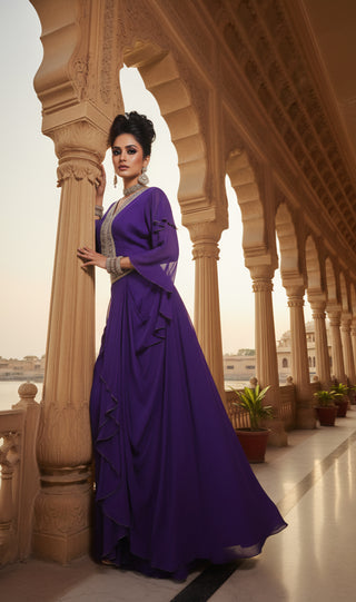 Royal Purple Embellished Indo-Western Crop Top & Draped Skirt Set