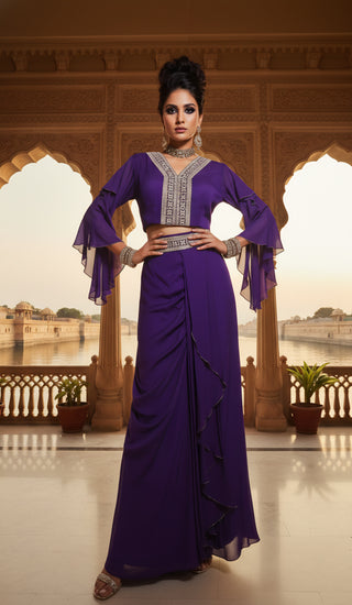 Royal Purple Embellished Indo-Western Crop Top & Draped Skirt Set