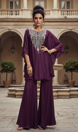 Plum Purple Embellished Kaftan Tunic & Palazzo Set