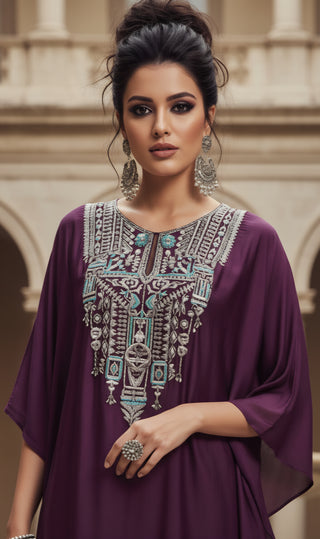 Plum Purple Embellished Kaftan Tunic & Palazzo Set
