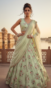 Mint Green Floral Embroidered Bridal Lehenga Set