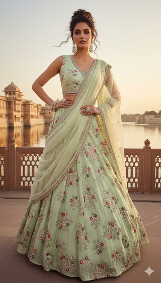 Mint Green Floral Embroidered Bridal Lehenga Set