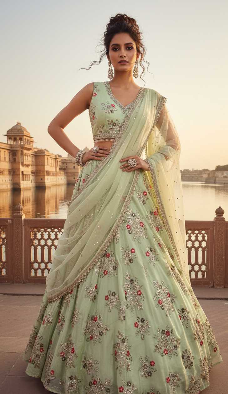 Mint Green Floral Embroidered Bridal Lehenga Set