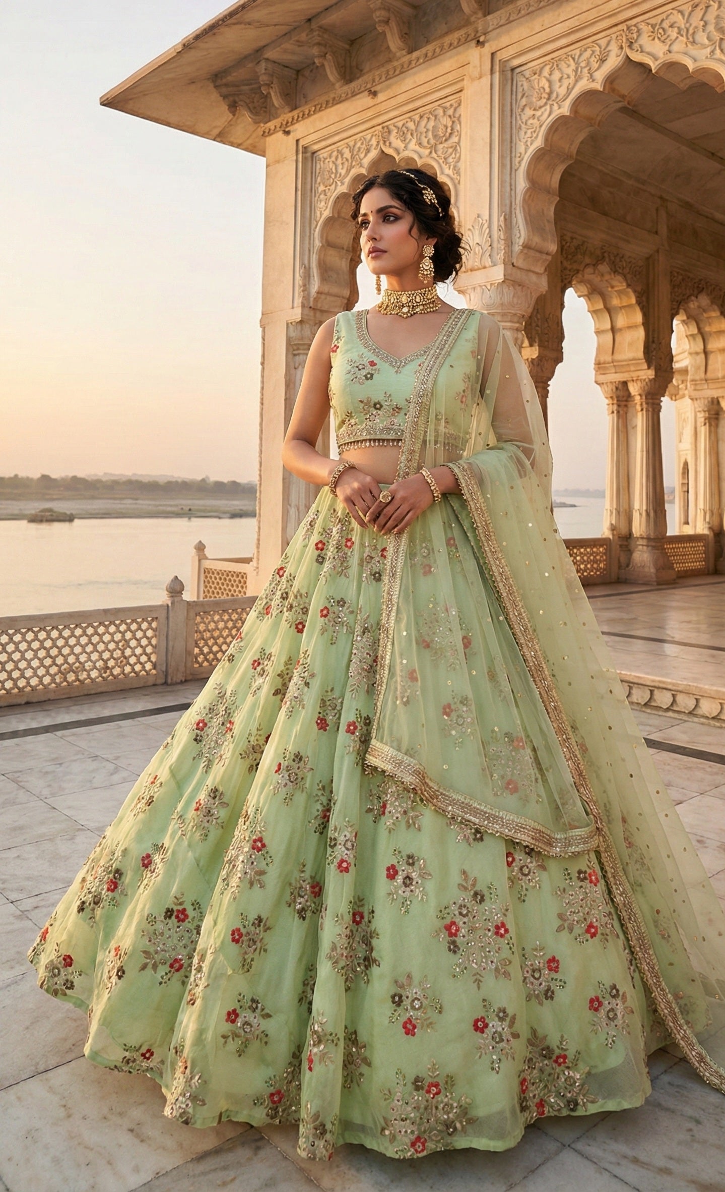 Mint Green Floral Embroidered Bridal Lehenga Set