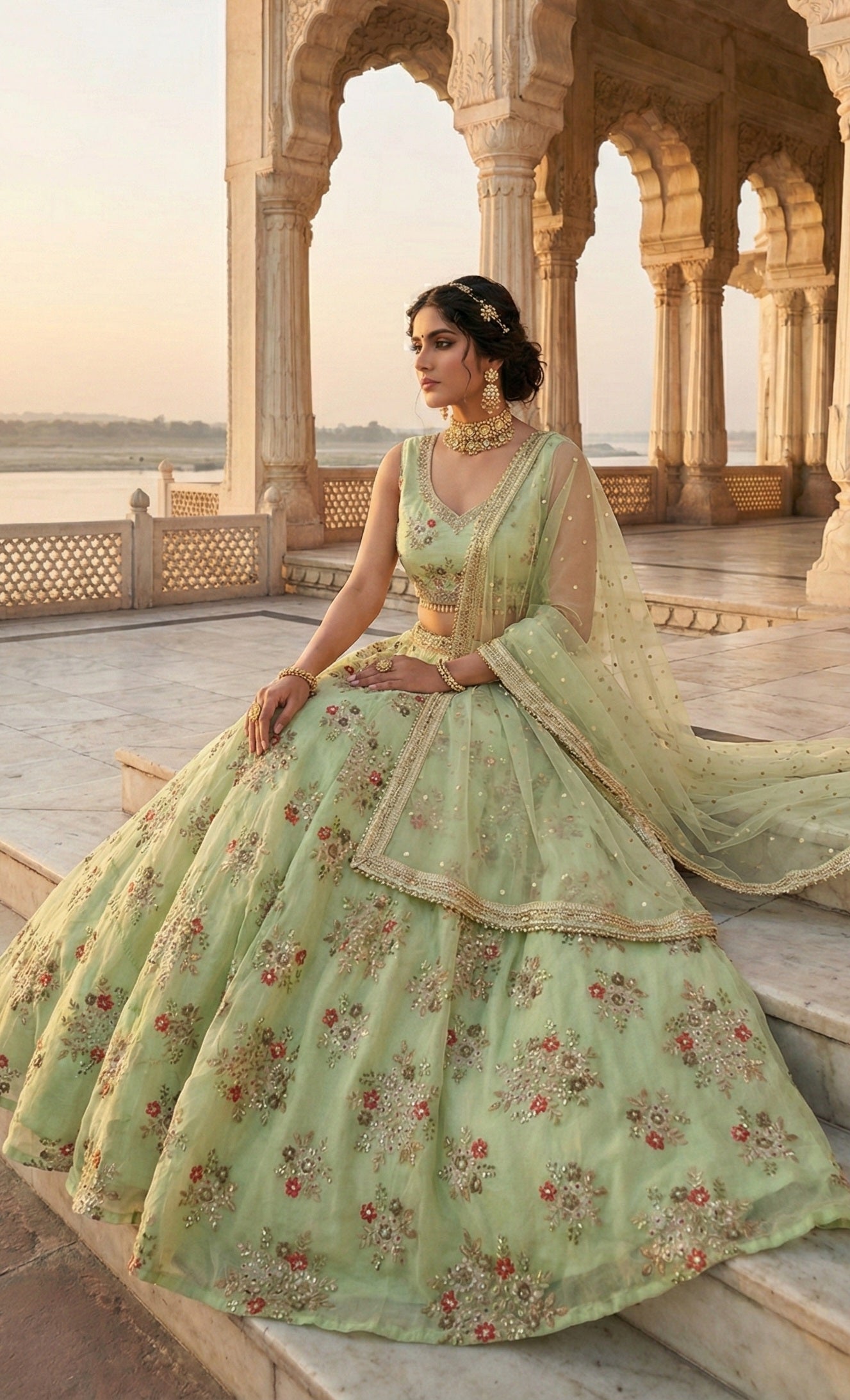 Mint Green Floral Embroidered Bridal Lehenga Set