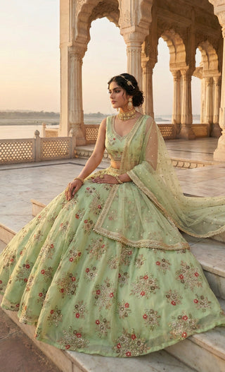 Mint Green Floral Embroidered Bridal Lehenga Set