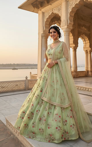Mint Green Floral Embroidered Bridal Lehenga Set