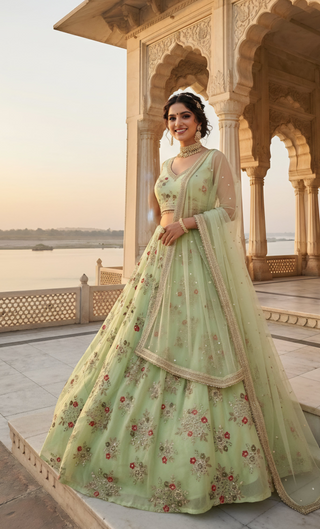 Mint Green Floral Embroidered Bridal Lehenga Set
