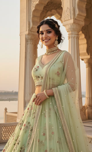 Mint Green Floral Embroidered Bridal Lehenga Set