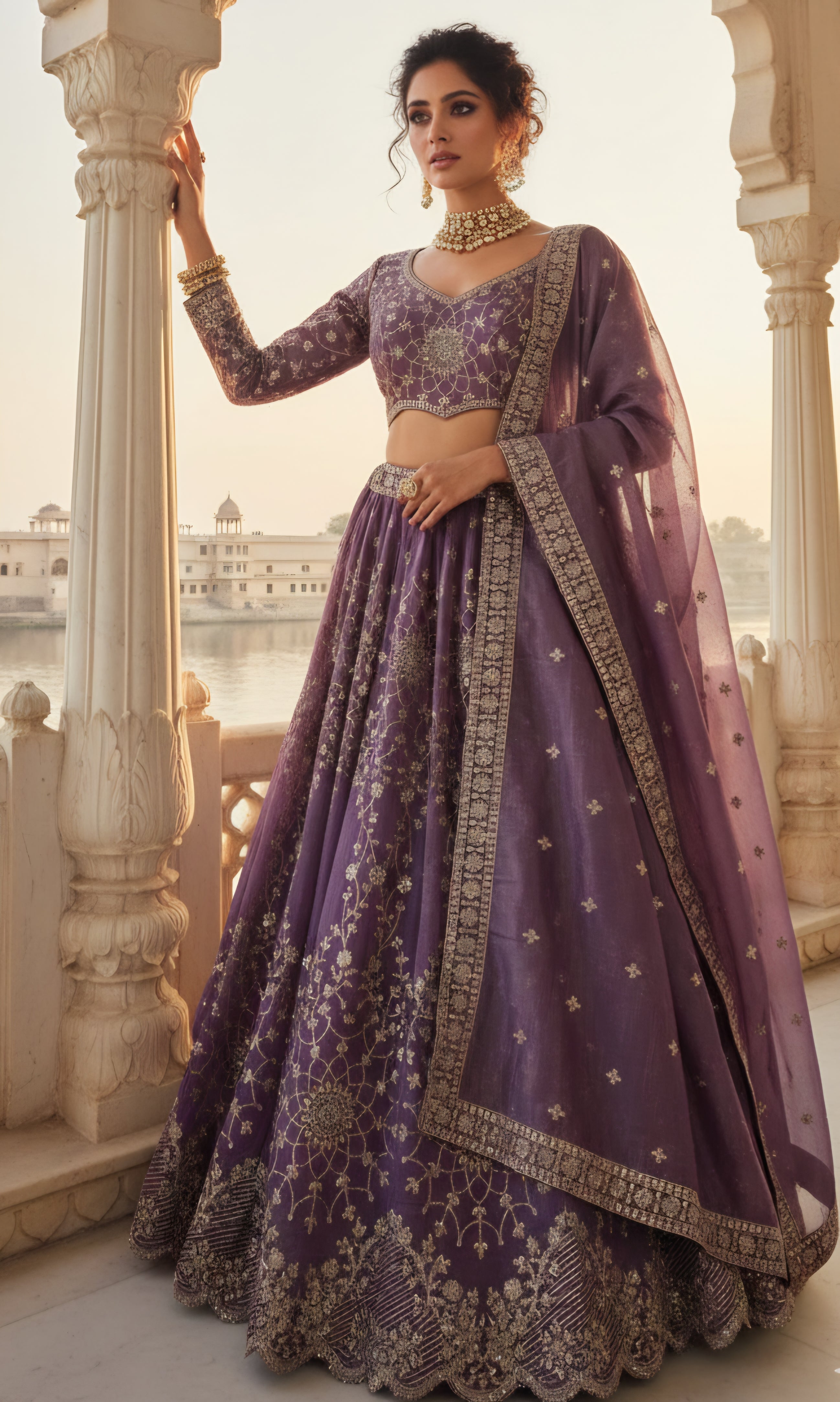 Mauve Purple Embroidered Bridal Lehenga Set