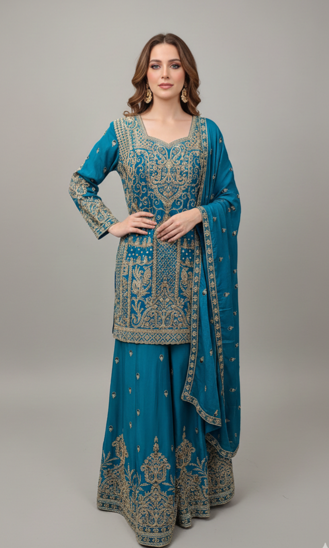 Teal Blue Sharara Set