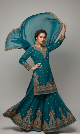 Solid Teal Sharara Set