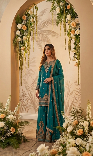 Solid Teal Sharara Set