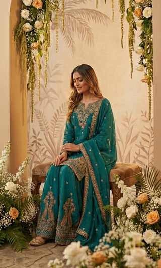 Solid Teal Sharara Set