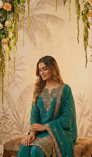 Solid Teal Sharara Set