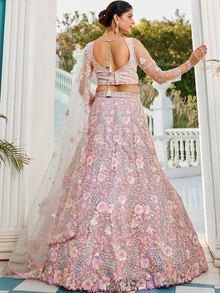 Floral Embroiderey Multi-Sequins, Mirror and thread Embroidered Net Semi-Stitched Lehenga Choli