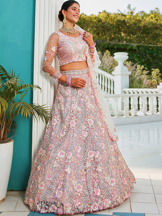 Floral Embroiderey Multi-Sequins, Mirror and thread Embroidered Net Semi-Stitched Lehenga Choli
