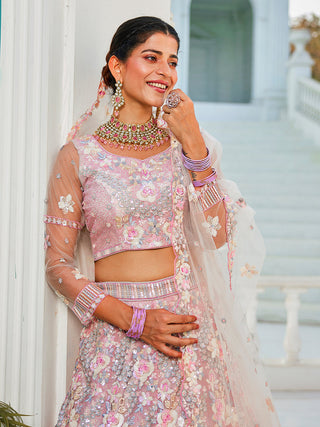 Floral Embroiderey Multi-Sequins, Mirror and thread Embroidered Net Semi-Stitched Lehenga Choli