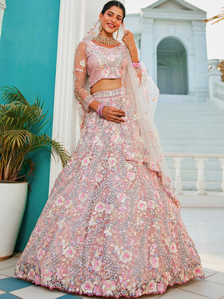 Floral Embroiderey Multi-Sequins, Mirror and thread Embroidered Net Semi-Stitched Lehenga Choli