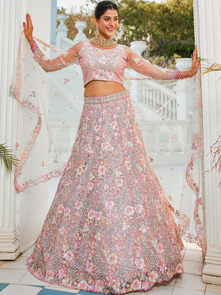 Floral Embroiderey Multi-Sequins, Mirror and thread Embroidered Net Semi-Stitched Lehenga Choli