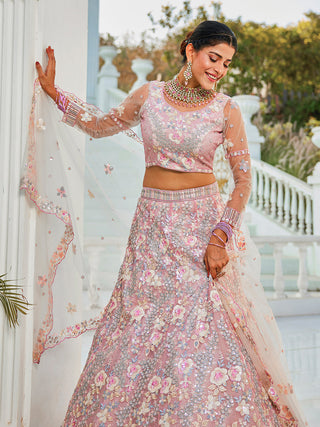 Floral Embroiderey Multi-Sequins, Mirror and thread Embroidered Net Semi-Stitched Lehenga Choli