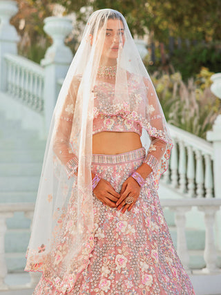 Floral Embroiderey Multi-Sequins, Mirror and thread Embroidered Net Semi-Stitched Lehenga Choli