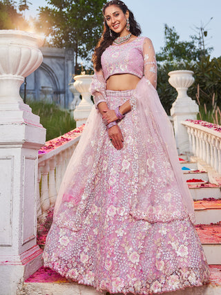Floral Embroiderey Multi-Sequins, Mirror and thread Embroidered Net Semi-Stitched Lehenga Choli