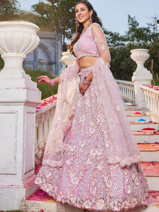 Floral Embroiderey Multi-Sequins, Mirror and thread Embroidered Net Semi-Stitched Lehenga Choli