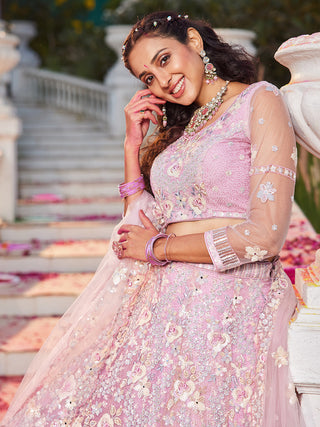 Floral Embroiderey Multi-Sequins, Mirror and thread Embroidered Net Semi-Stitched Lehenga Choli