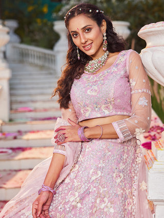 Floral Embroiderey Multi-Sequins, Mirror and thread Embroidered Net Semi-Stitched Lehenga Choli