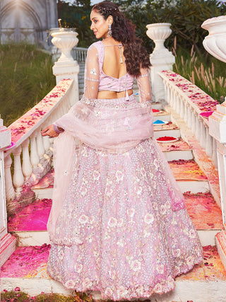 Floral Embroiderey Multi-Sequins, Mirror and thread Embroidered Net Semi-Stitched Lehenga Choli